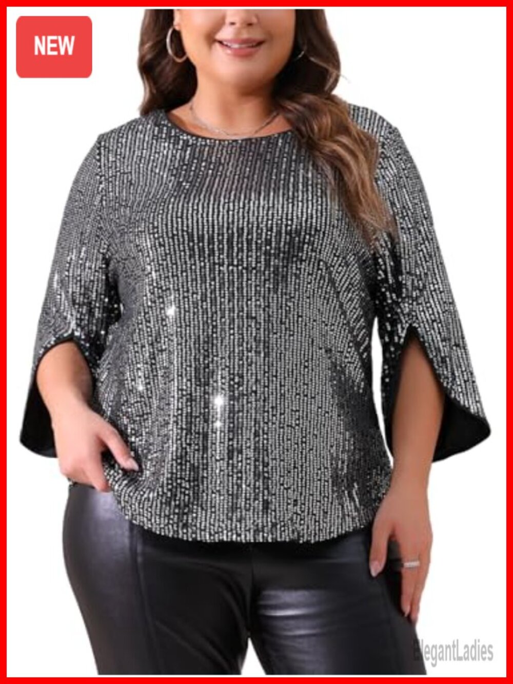 Plus Size Glitter 3/4 Sleeve Sequin Party Top